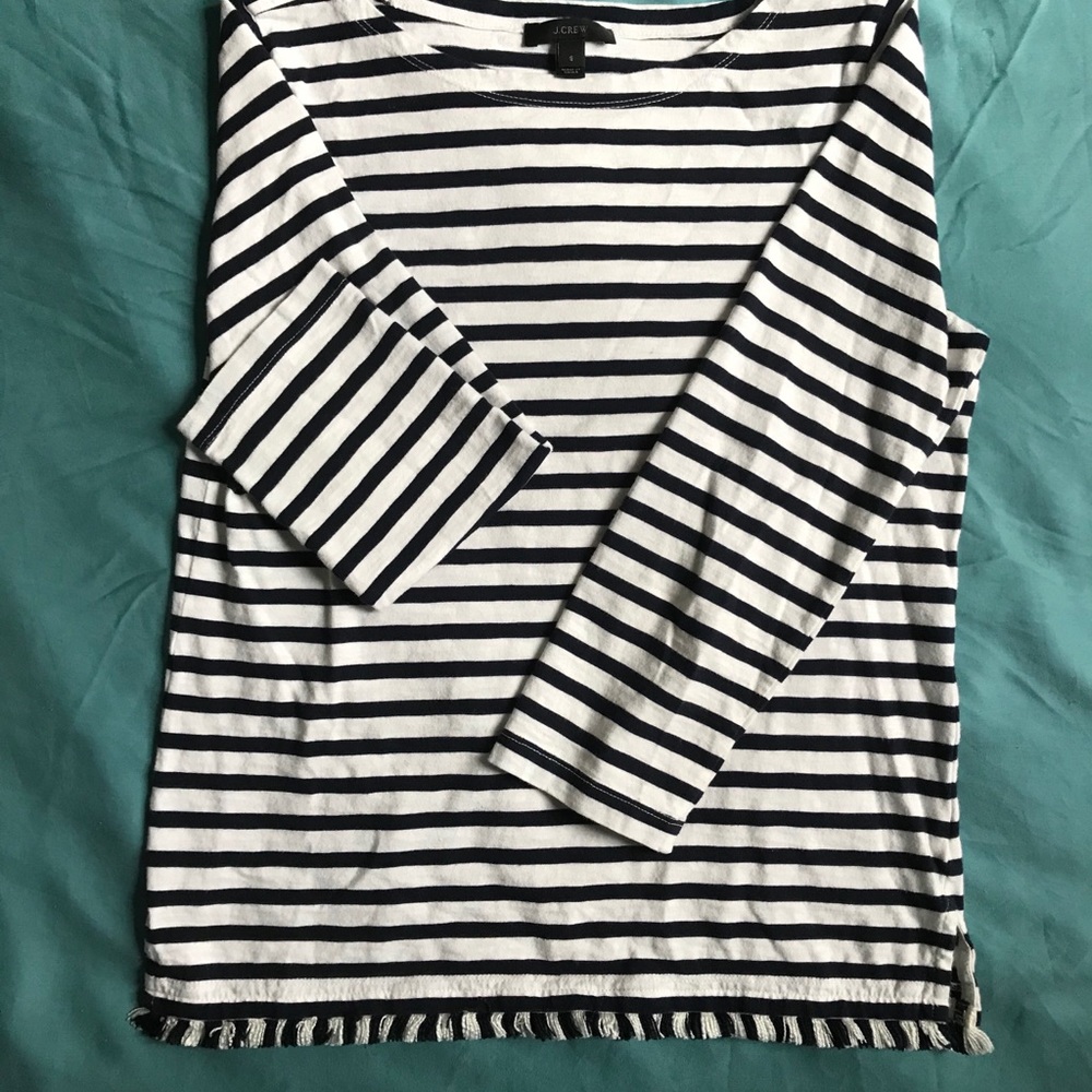 J Crew Striped 3/4 Shirt with Fringe Detail